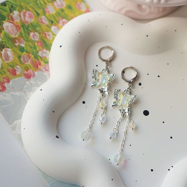 Earring Butterfly 925 Bead Drop Clip-On Sterling Silver /