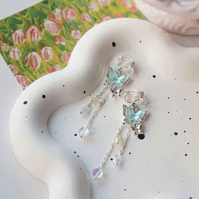 Earring Butterfly 925 Bead Drop Clip-On Sterling Silver /