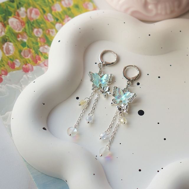 Earring Butterfly 925 Bead Drop Clip-On Sterling Silver /