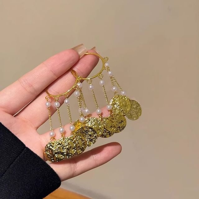 Alloy Disc Pearl Textured Earring Faux Chandelier