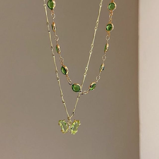 Butterfly Necklace Layered Rhinestone Station