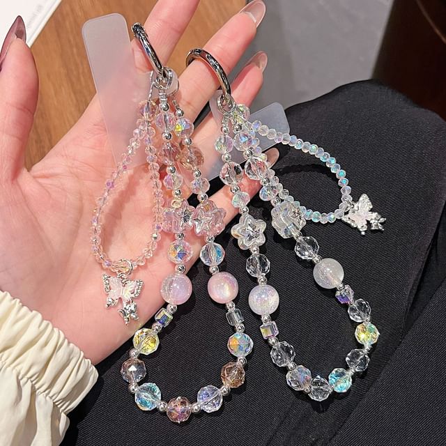 Wrist Strap with Faux Lanyard Crystal Phone Beaded Butterfly Pad