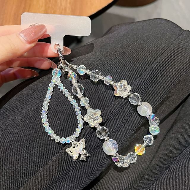 Wrist Strap with Faux Lanyard Crystal Phone Beaded Butterfly Pad