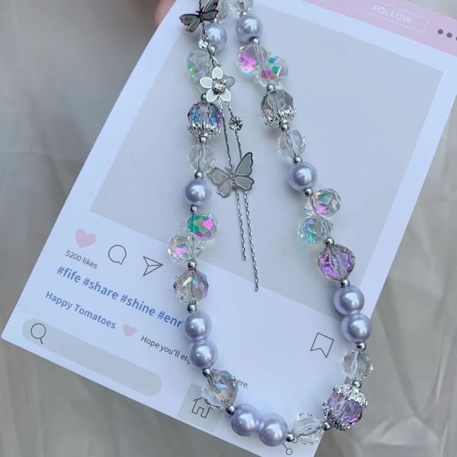 Lanyard Pearl Pad Strap with Faux Phone Butterfly Wrist