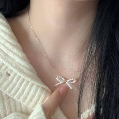 Bow 925 Beaded Silver Necklace Sterling