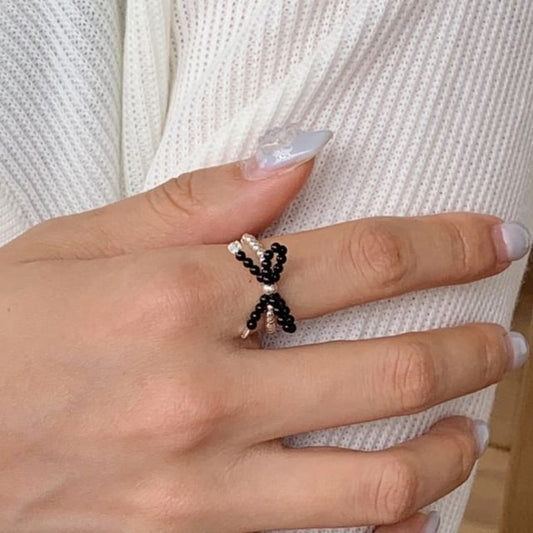 Silver Ring Sterling Bow 925 Beaded Elastic