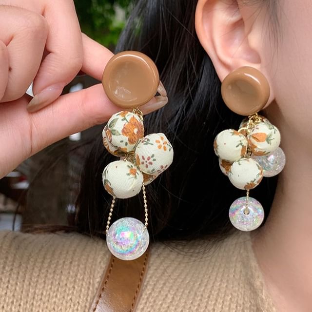 Beaded Fabric Drop Print Earring Floral