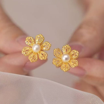 Floral Alloy Pearl Faux Earring Stud