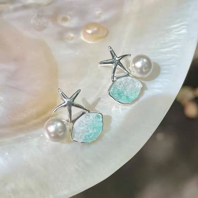 Faux Pearl Starfish Alloy Stud Rhinestone Earring