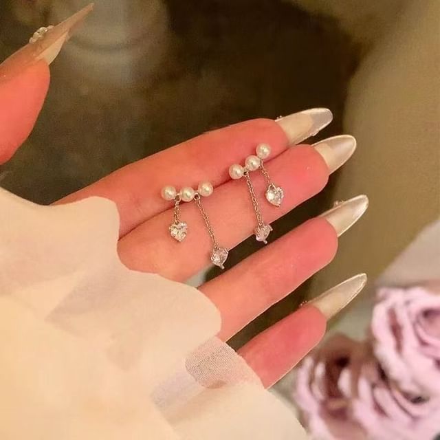 Pearl Rhinestone Dangle Alloy Heart Faux Earring