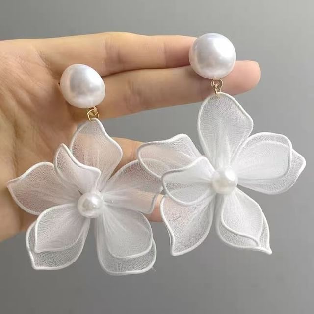 Faux Alloy Mesh Earring Pearl Floral Statement