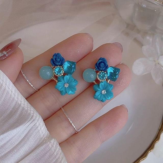Floral Earring Alloy Statement Rhinestone
