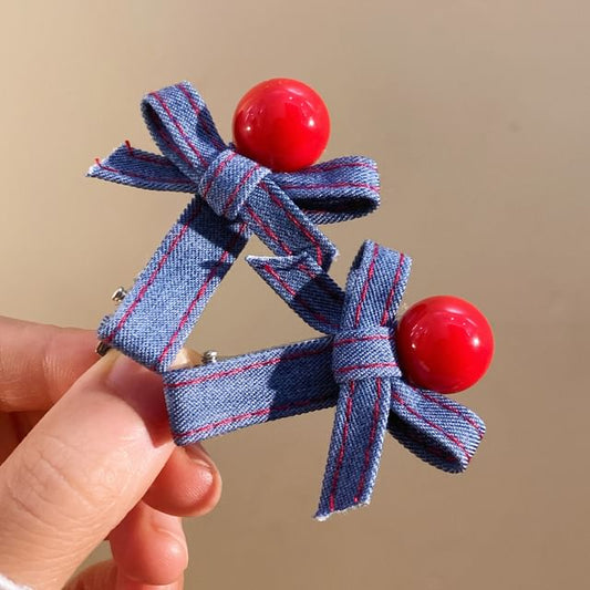 Denim Hair Bow Set Clip
