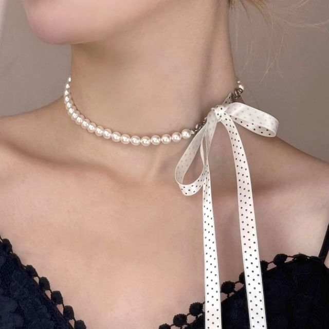 Necklace Dotted Ribbon Beaded