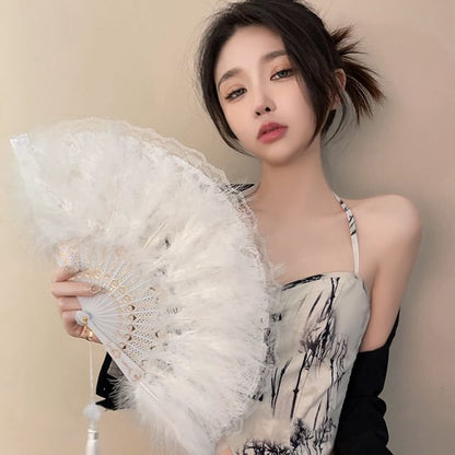 Lace Hand Tassel Foldable Feather Fan