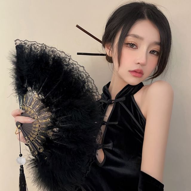 Lace Hand Tassel Foldable Feather Fan