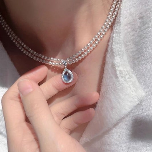 Pearl Pendant Necklace Layered Faux Gemstone