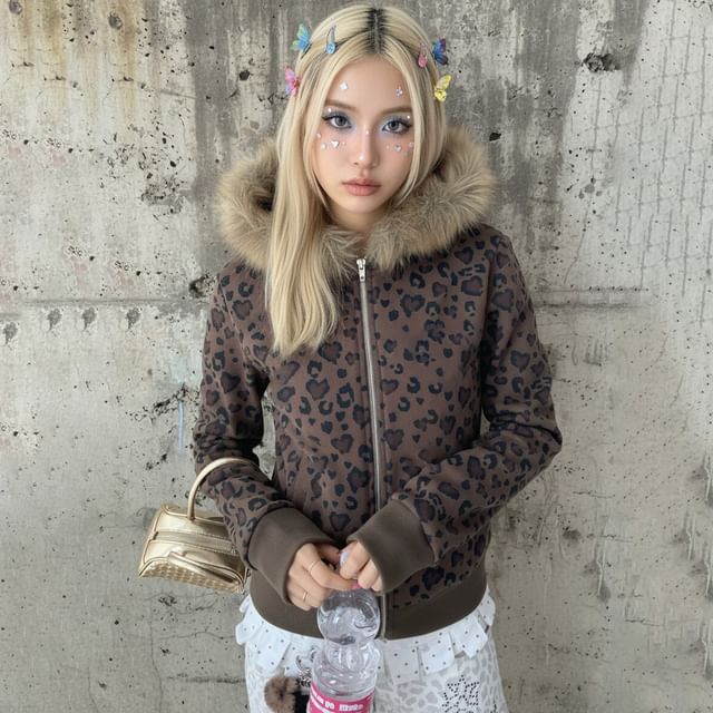 Long Sleeve Leopard Print Furry-Trim Hooded Zip-Up Jacket