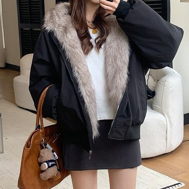 Faux Fur Lining Hood Zip Jacket