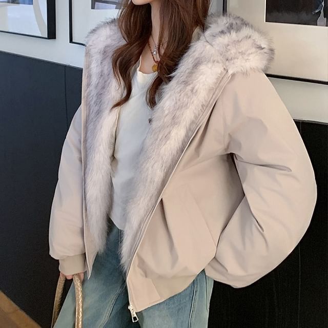 Faux Fur Lining Hood Zip Jacket
