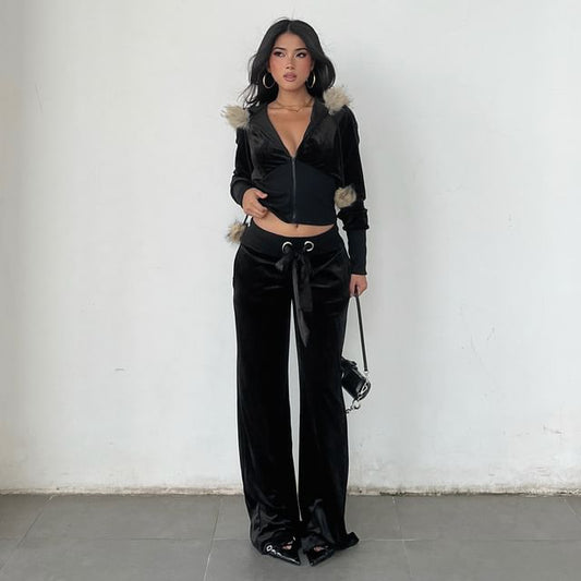 Long Sleeve Faux Fur Trim Velvet Hooded Jacket / Low Waist Straight-Fit Boot-Cut Pants