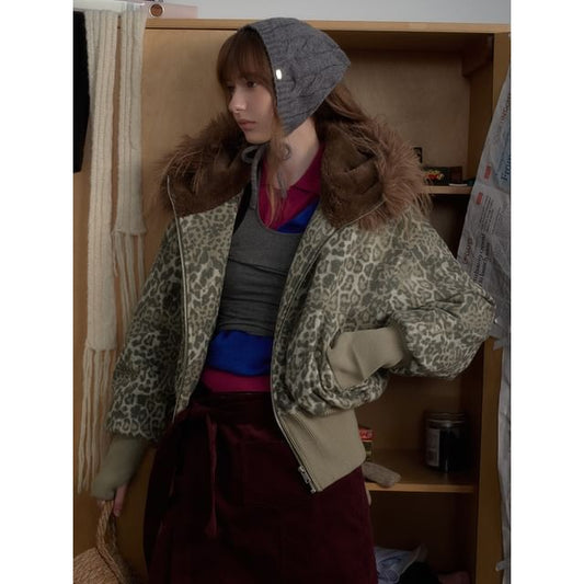 Faux Fur-Trim Leopard-Print Hooded Jacket