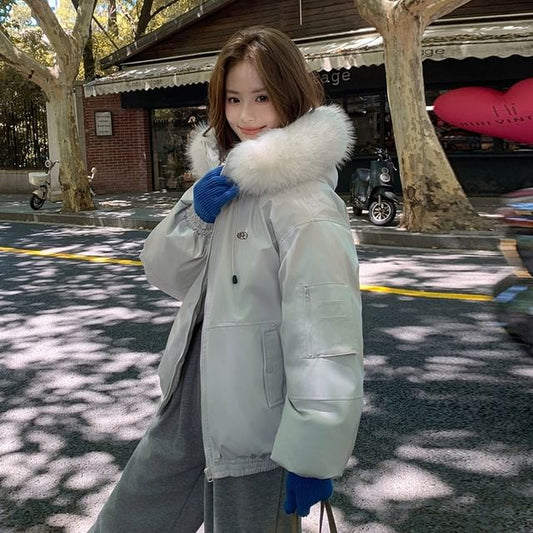 Fluffy Hooded Plain Zip Puffer Jacket