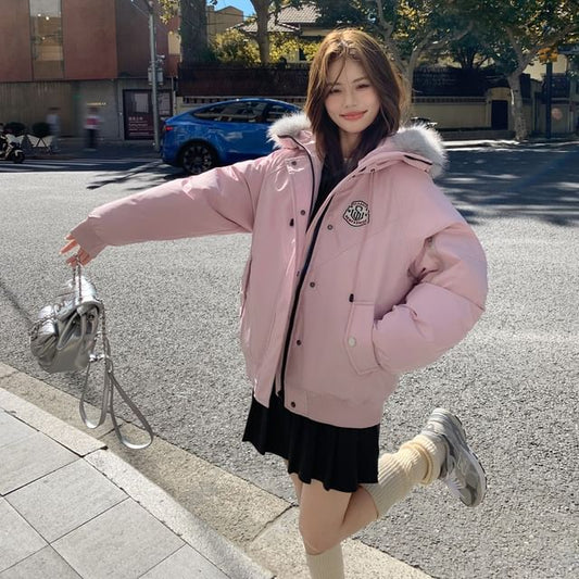 Fluffy Hooded Plain Puffer Jacket