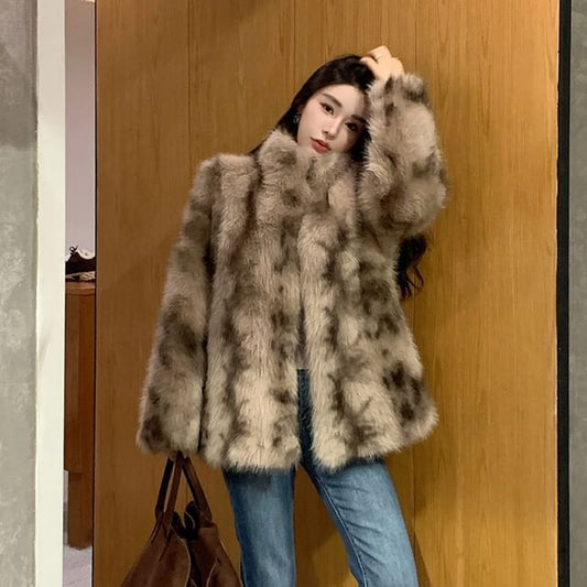 Round Neck Faux Fur Jacket
