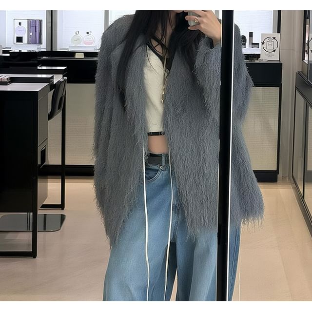 Long Sleeve Plain Faux Fur Coat / V-Neck Contrast-Trim Camisole Top