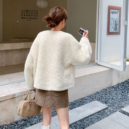 Round Neck Plain Button Teddy Jacket