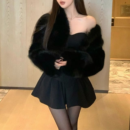 Plain Crop Tube Top / High Waist Mini A-Line Skort / Fluffy Open Front Jacket