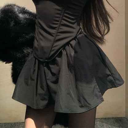 Plain Crop Tube Top / High Waist Mini A-Line Skort / Fluffy Open Front Jacket