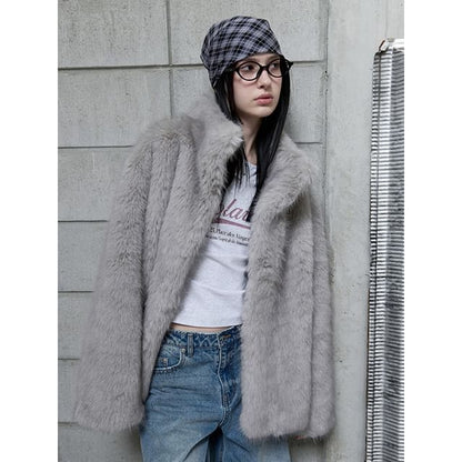 High-Neck Eco-Fur Jacket (Gray)