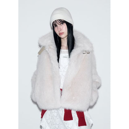 Belt-Neck Eco-Fur Jacket (Ivory)
