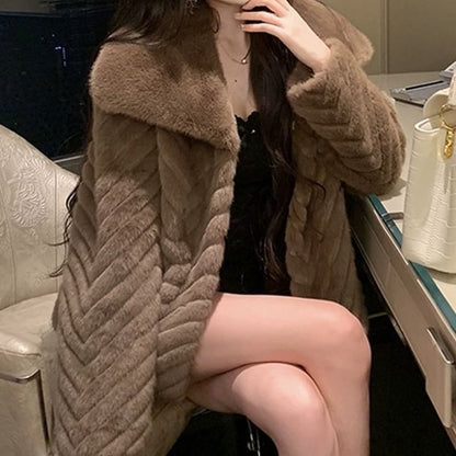 Collared Button-Up Plain Fluffy Jacket