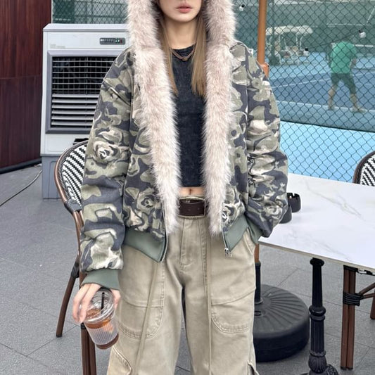 Fluffy Hooded Camouflage Zip Jacket