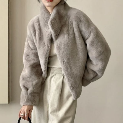 Stand Collar Plain Faux Fur Single-Breasted Coat