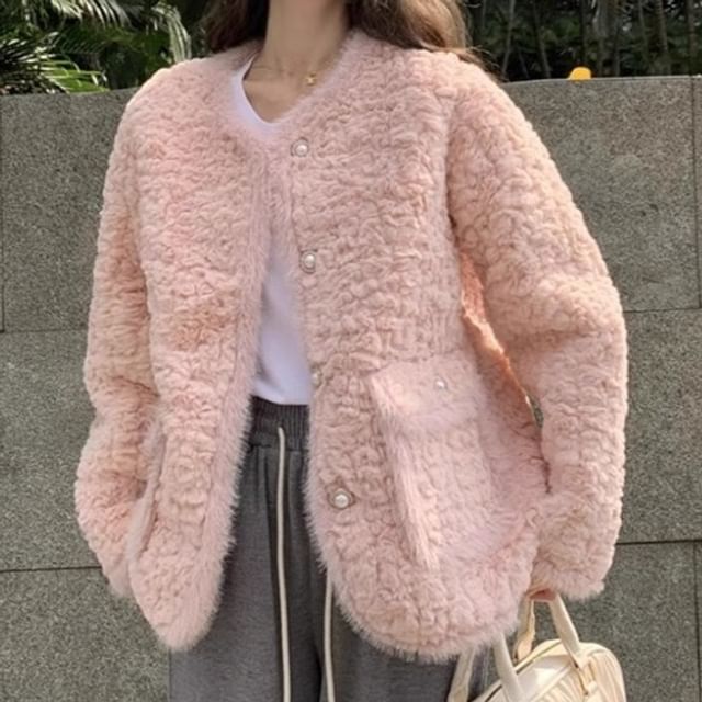 Crew Neck Fluffy Button-Up Plain Jacket