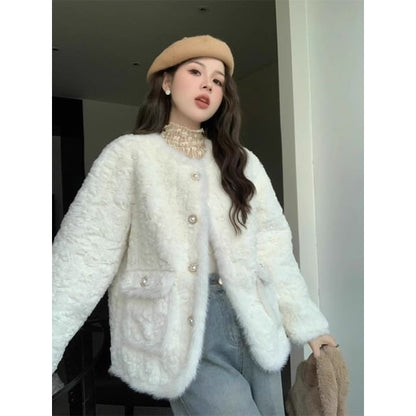 Crew Neck Fluffy Button-Up Plain Jacket