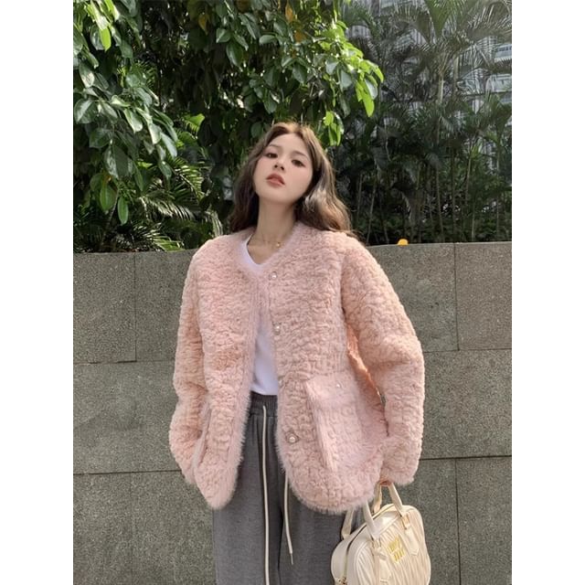 Crew Neck Fluffy Button-Up Plain Jacket