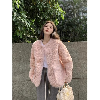 Crew Neck Fluffy Button-Up Plain Jacket