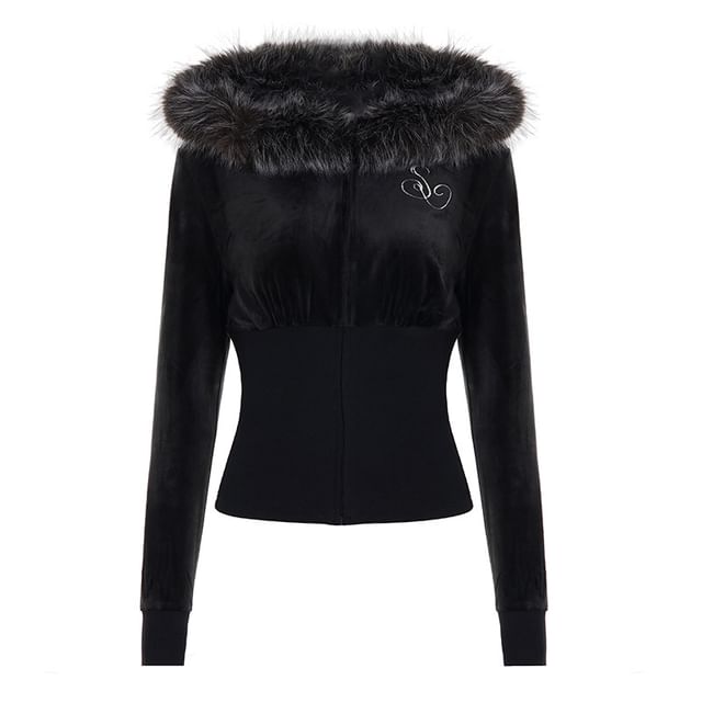 Long Sleeve V-Neck Plain Furry-Trim Zip-Up Hooded Jacket