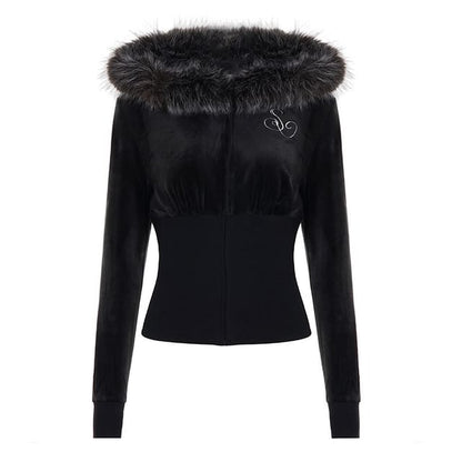Long Sleeve V-Neck Plain Furry-Trim Zip-Up Hooded Jacket
