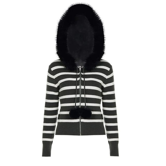 Long Sleeve Striped Furry-Trim Zip-Up Knitted Jacket