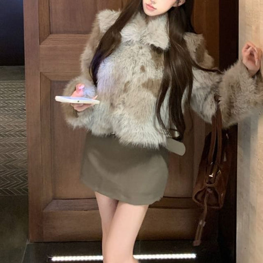 Collared Faux Fur Jacket / High Rise Plain Belted Mini Pencil Skirt