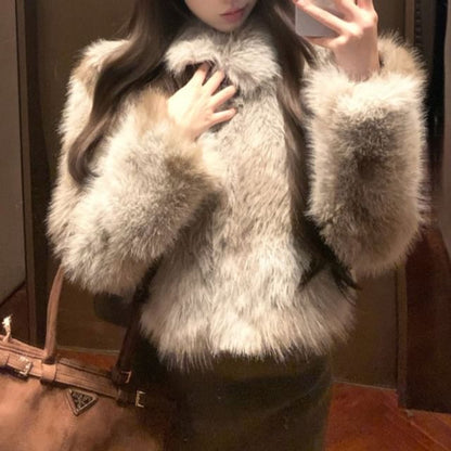 Collared Faux Fur Jacket / High Rise Plain Belted Mini Pencil Skirt