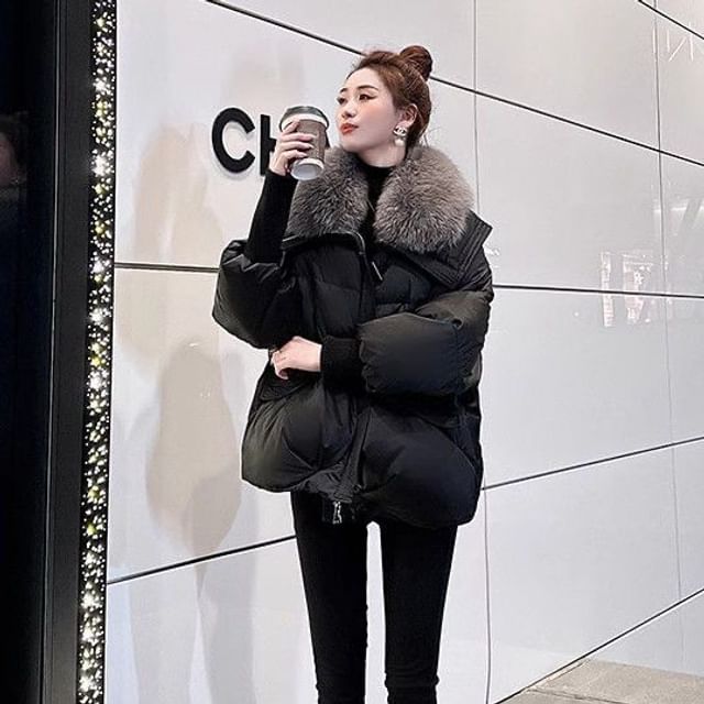Furry Trim Zip-Up Puffer Jacket