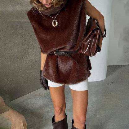 Stand Collar Plain Slit Faux Fur Vest