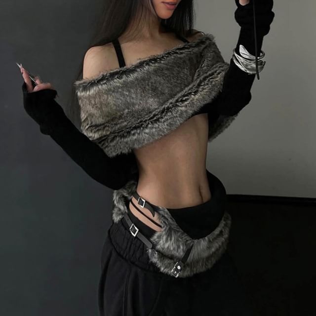 Long Sleeve Off Shoulder Panel Faux Fur Crop Top